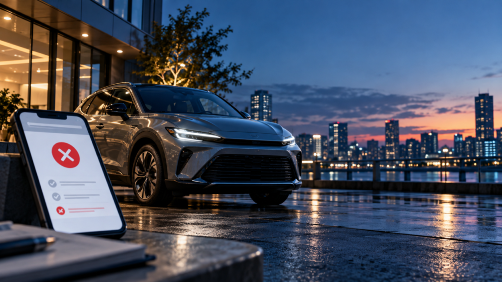 KINTOの審査落ちをイメージした車と、審査否決を示す赤いバツ印が表示されたスマートフォン