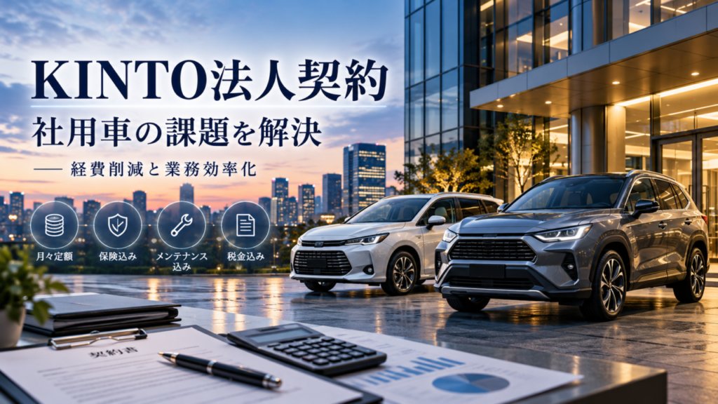 KINTO法人契約のメリットを紹介するアイキャッチ画像。オフィスビル前の社用車2台と、月額定額・保険・メンテナンス・税金を示すアイコン