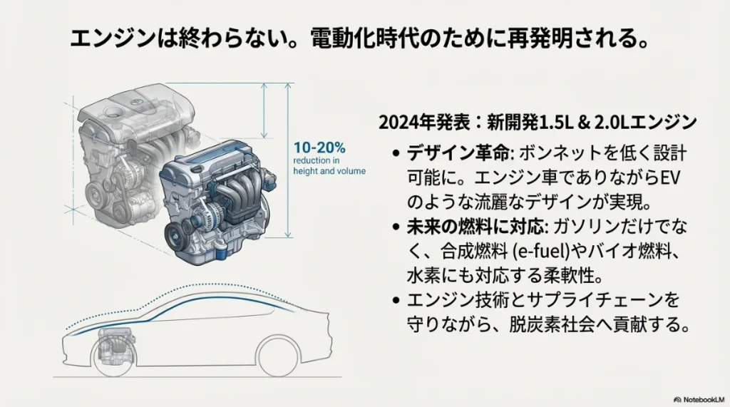 体積・高さを10-20%削減し、低いボンネットフードを実現する新開発1.5L/2.0Lエンジンの図解