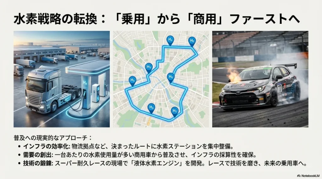 定まったルートを走る商用トラックへの水素ステーション整備と、レースで鍛える液体水素技術