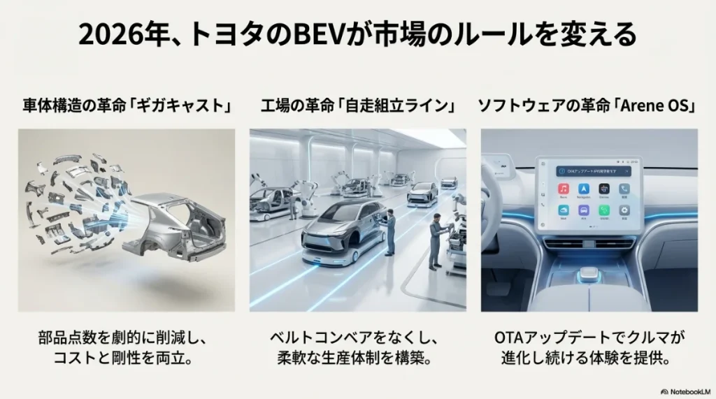 ギガキャストによる車体構造、自走組立ライン、Arene OSという3つの革命のイメージ