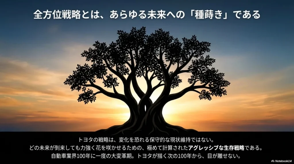 どの未来が到来しても力強く花を咲かせるための、トヨタの生存戦略を象徴する大きな木のイメージ