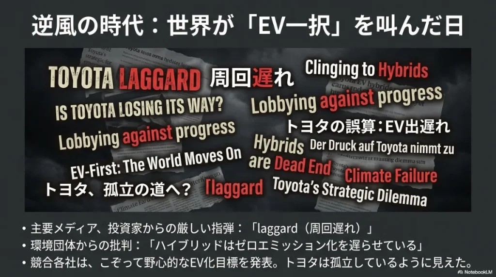 世界から「周回遅れ」と批判されていた時期のトヨタと、EV一択を叫ぶメディアのイメージ