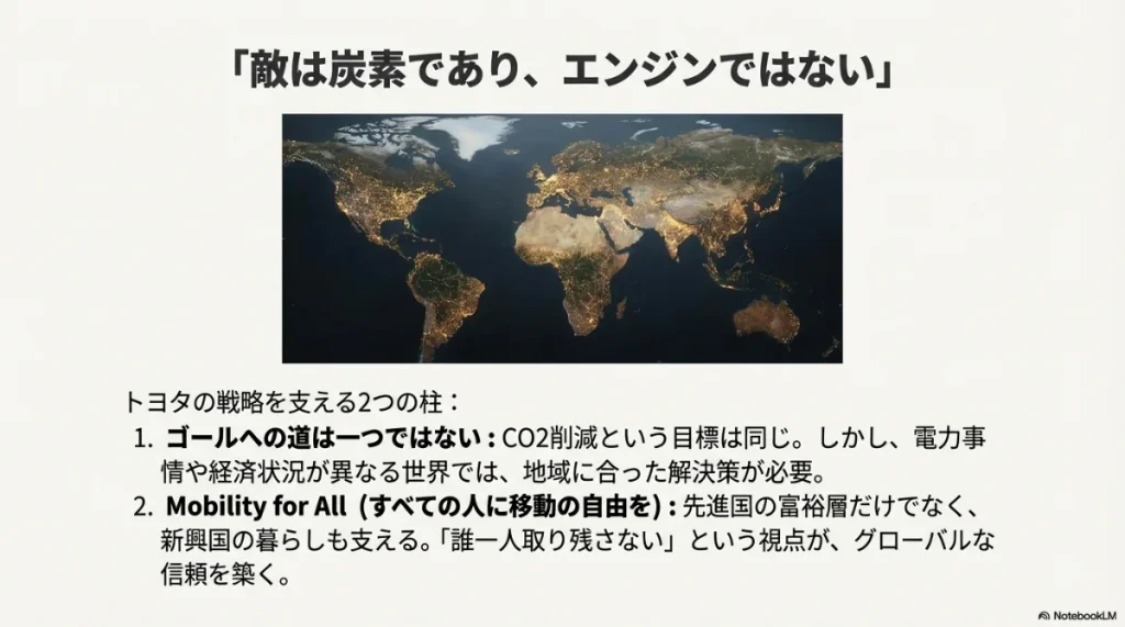 「敵は炭素であり、エンジンではない」という言葉と、世界地図を背景にした多様な地域への解決策の提示