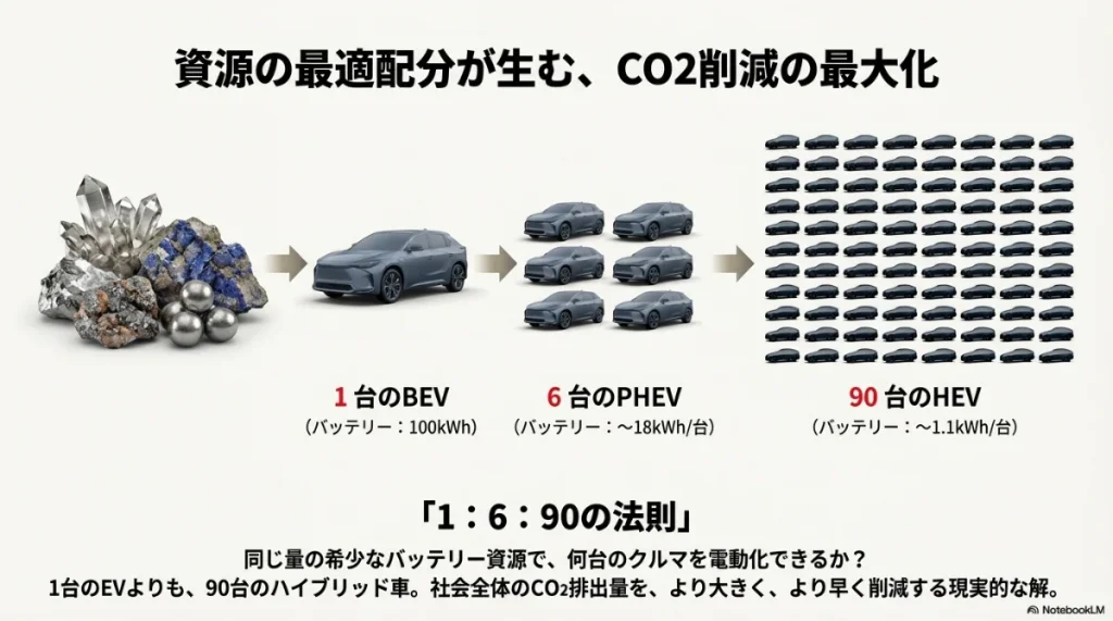同じバッテリー資源で、1台のBEVを作るか、6台のPHEVを作るか、90台のHEVを作るかの比較図