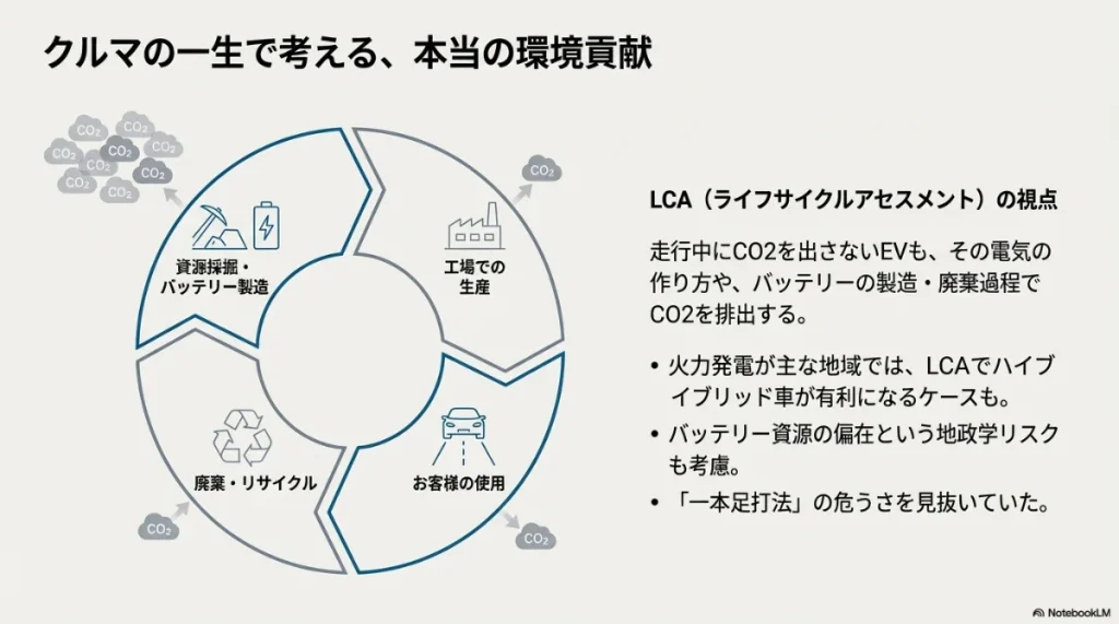 資源採掘から廃棄・リサイクルまで、ライフサイクル全体でのCO2排出を考慮する重要性の図解