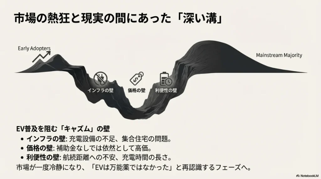 インフラ、価格、利便性という、アーリーアダプターからメインストリームへ普及する際の大きな溝