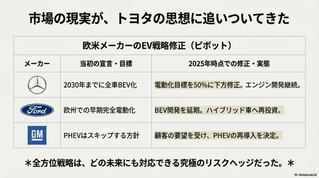 メルセデス・ベンツ、フォード、GMが当初のBEV目標を下方修正したり、PHEVを再導入したりしている実態の表