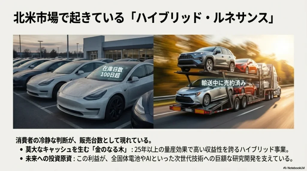 在庫が滞留するBEVと、輸送中に売約済みとなるトヨタのハイブリッド車の対比画像