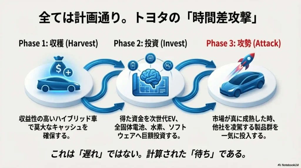 ハイブリッドで収穫し、次世代技術へ投資し、市場成熟時に攻勢をかける3段階の戦略図