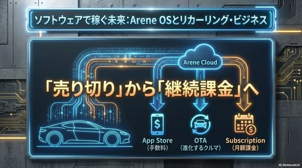 トヨタのArene OSによるソフトウェア収益化モデル。売り切りからサブスクリプションへの移行。