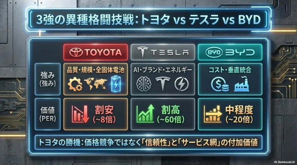トヨタ、テスラ、BYDの3社比較。品質、AI、コスト競争力の違いとPER(株価収益率)のギャップ。
