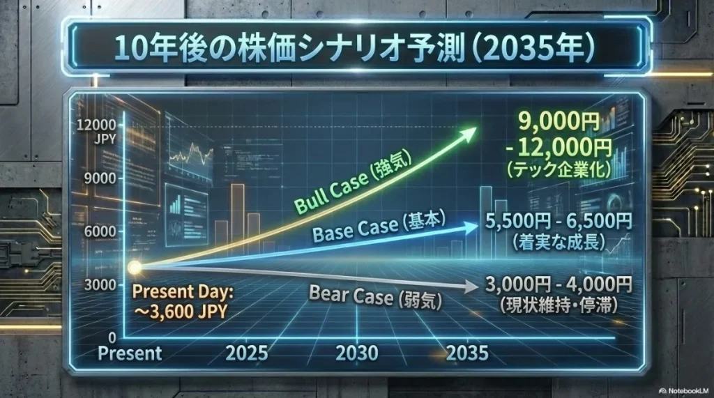 トヨタ株価の10年後を予測した3つのシナリオ(Base, Bull, Bear)と株価レンジのグラフ。
