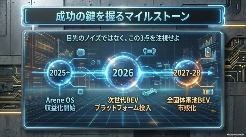 2026年の次世代BEV、2027年の全固体電池実用化など、トヨタの今後の重要イベントスケジュール。