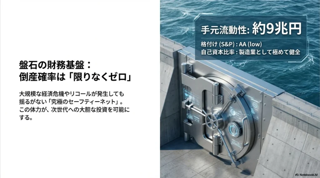 トヨタ自動車の手元流動性約9兆円とS&P格付けAAを示すスライド。製造業として極めて健全な自己資本比率。