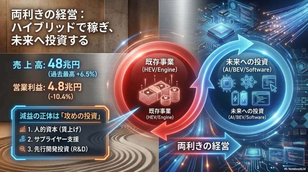 既存事業(HEV)で稼いだ資金を人的資本やAI・BEVなどの未来へ投資するトヨタの両利きの経営モデル。