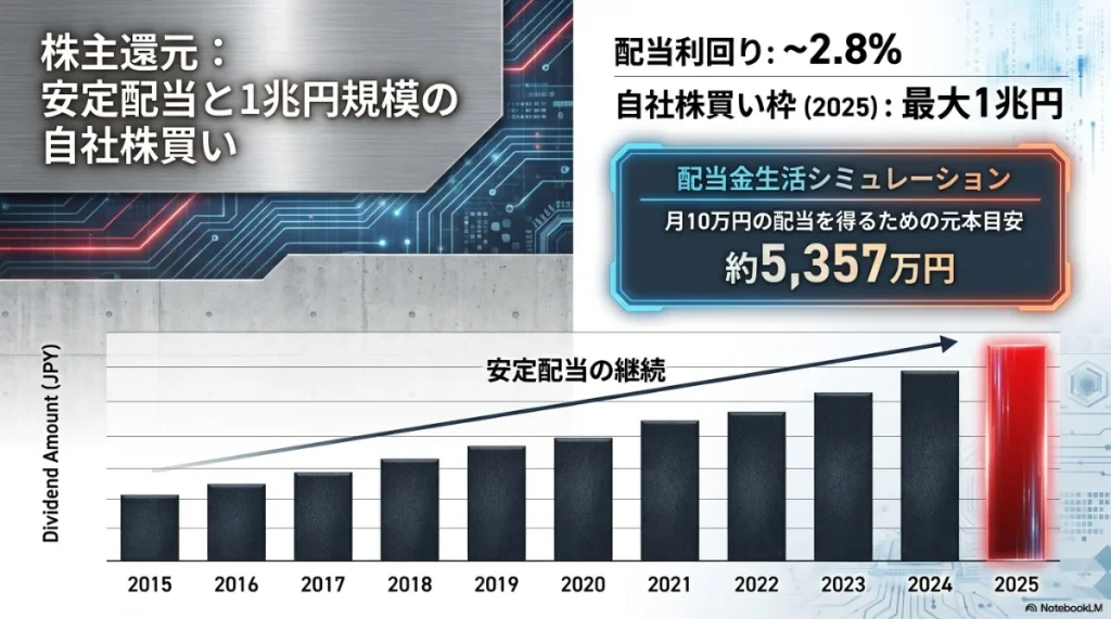 2015年から2025年までのトヨタ自動車の配当金推移グラフと最大1兆円規模の自社株買いについて。