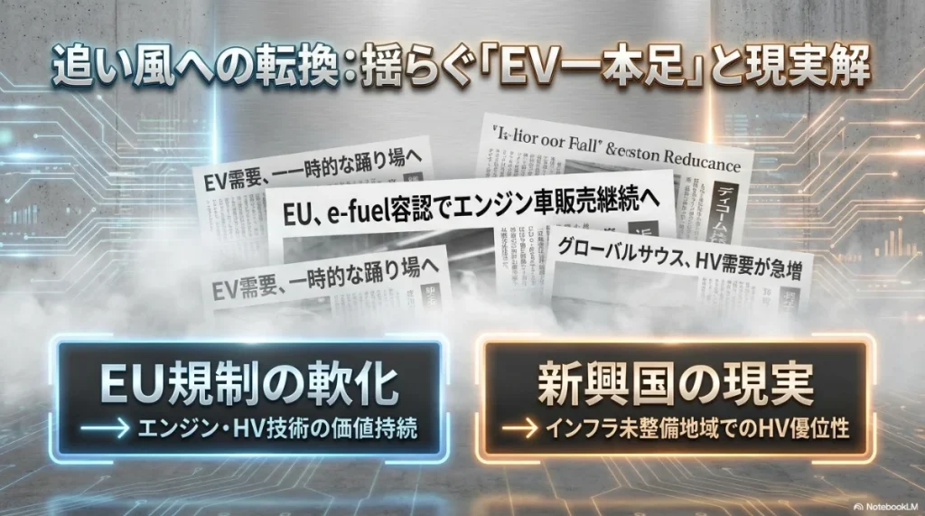 EV需要の停滞とEU規制の軟化、グローバルサウスでのHV需要急増を示す市場分析スライド。