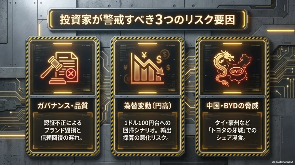 トヨタ投資における3つのリスク。認証不正によるガバナンス問題、円高為替リスク、中国BYDの脅威。
