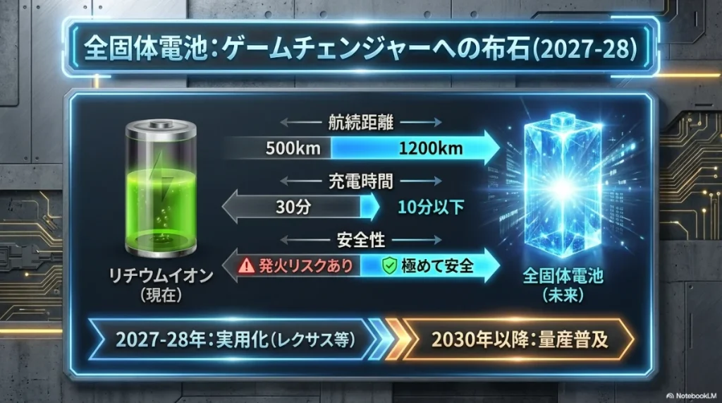 トヨタ全固体電池の航続距離1200km、充電時間10分以下というスペックと、従来型電池との比較。