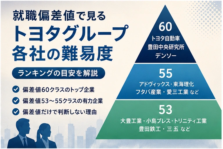 トヨタグループ各社の就職偏差値と難易度を示したイメージ