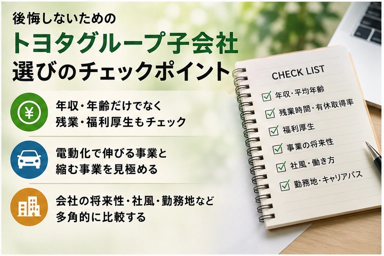 トヨタグループ子会社を選ぶ際のチェックポイントを解説するイメージ