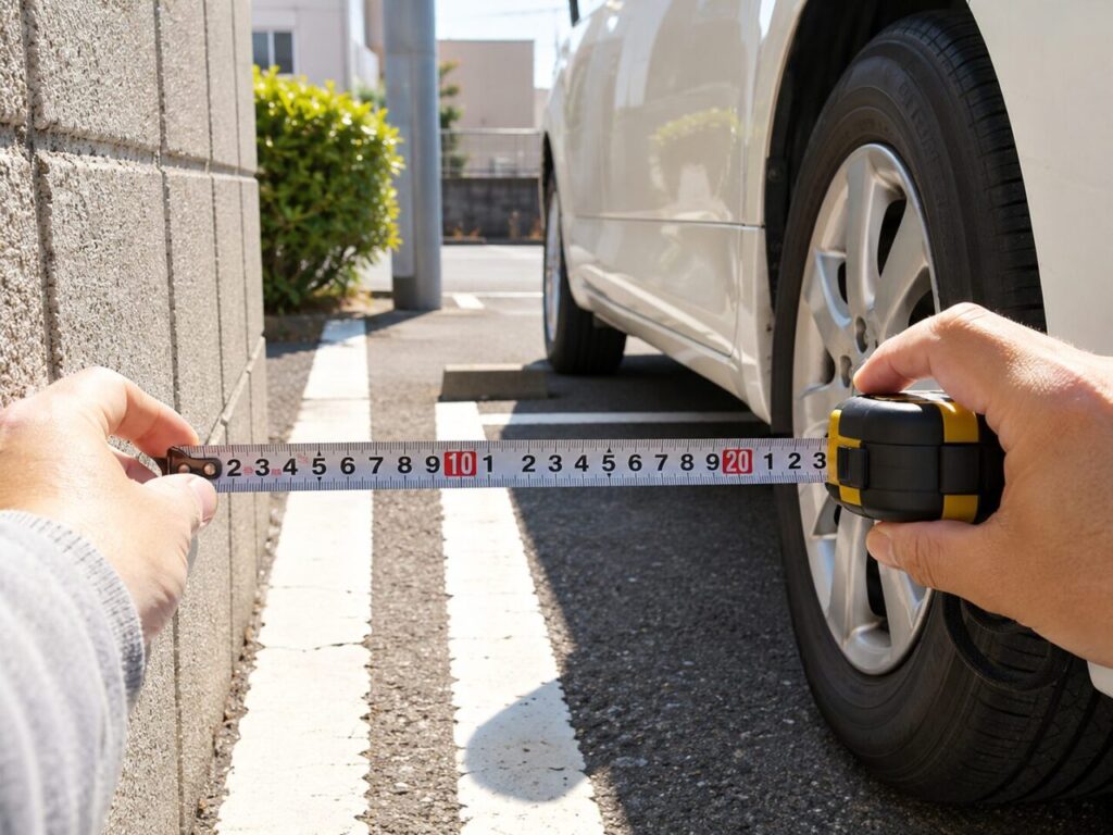 メジャーで駐車スペースの幅を測る手元のクローズアップ。