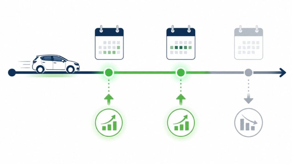 車を売る3年落ちと5年落ちのベストタイミングを示すカレンダーイメージ