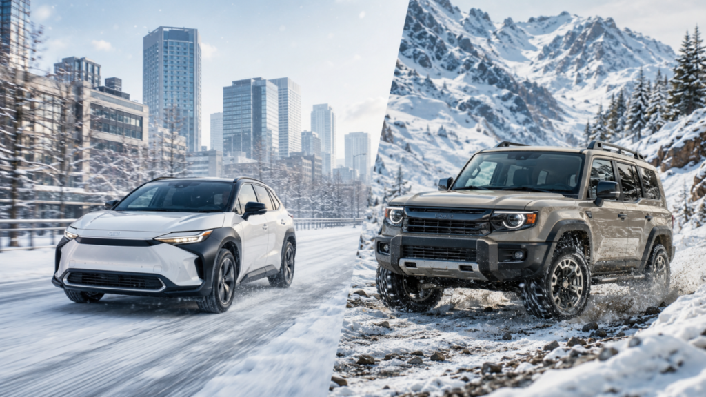 雪道を走るトヨタのE-Four搭載SUVと本格4WD車の比較イメージ