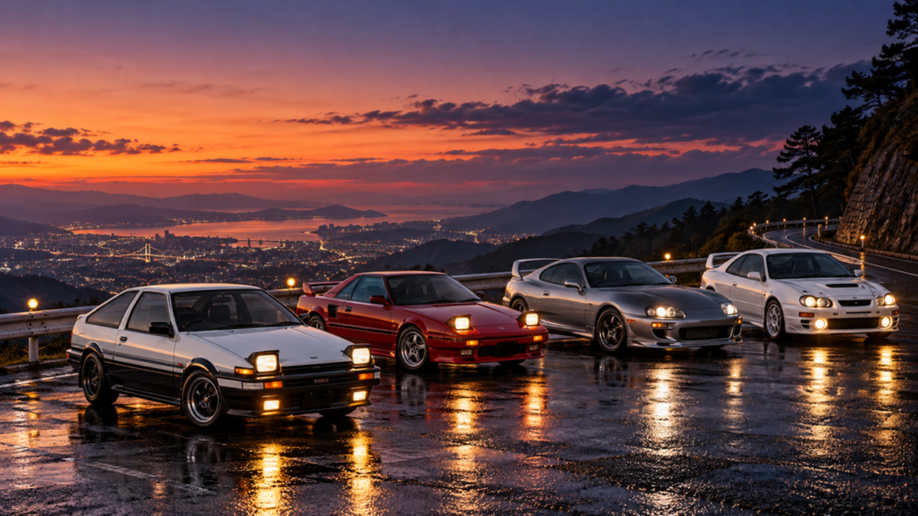 80年代・90年代のトヨタスポーツカー名車をイメージした画像。AE86、初代MR2、80スープラ、セリカGT-FOUR風の4台が夕暮れの峠道に並ぶ。
