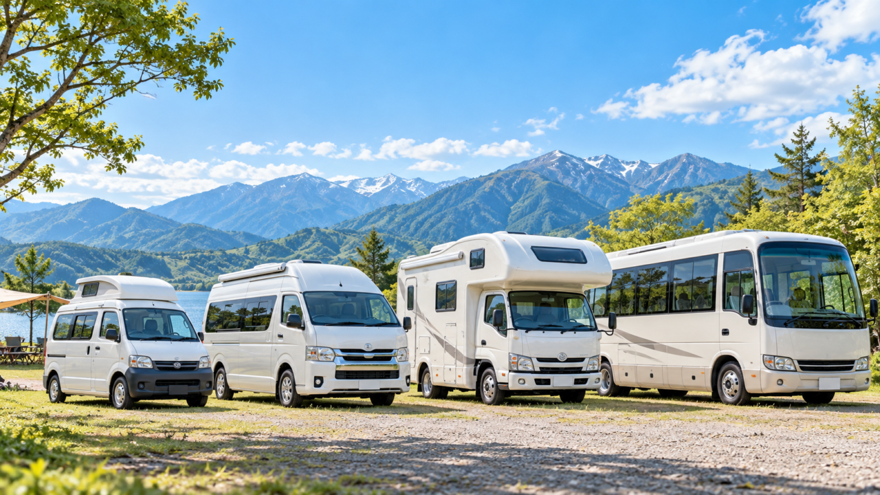 トヨタ車をベースにしたキャンピングカー4タイプの比較イメージ。タウンエース、ハイエース、カムロード、コースターをイメージした車両が湖畔に並ぶ