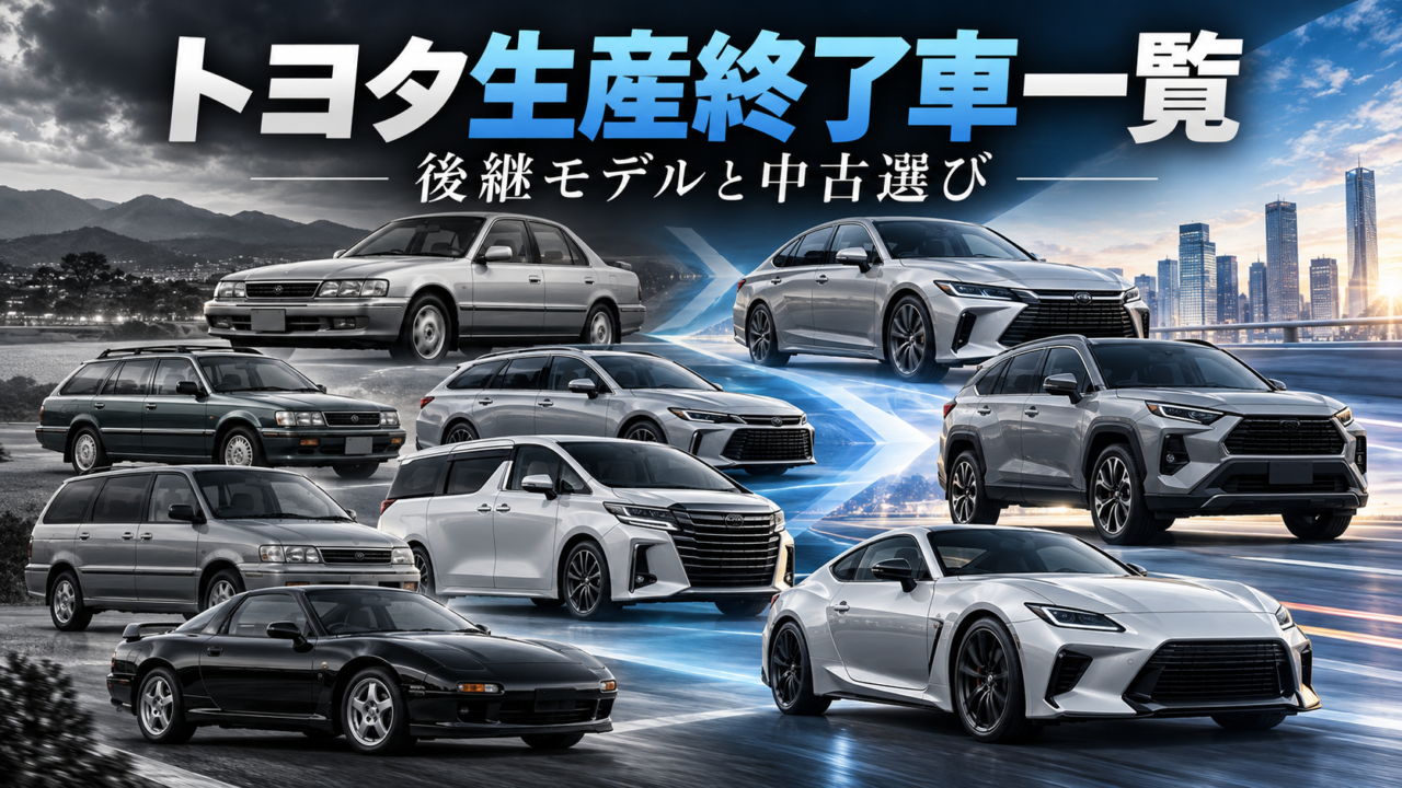 トヨタの生産終了車一覧と後継モデルを比較したイメージ。歴代のセダン、ワゴン、ミニバン、SUV、スポーツカーを新旧で並べた画像